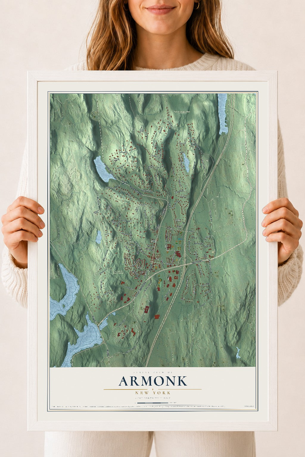 Armonk, New York map print, 18" x 24" W/ White Ayous Wood Frame mockup