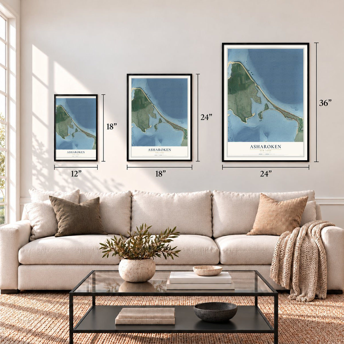 Asharoken, New York map in 12 x 18, 18 x 24 and 24 x 36 inch sizes above a sofa