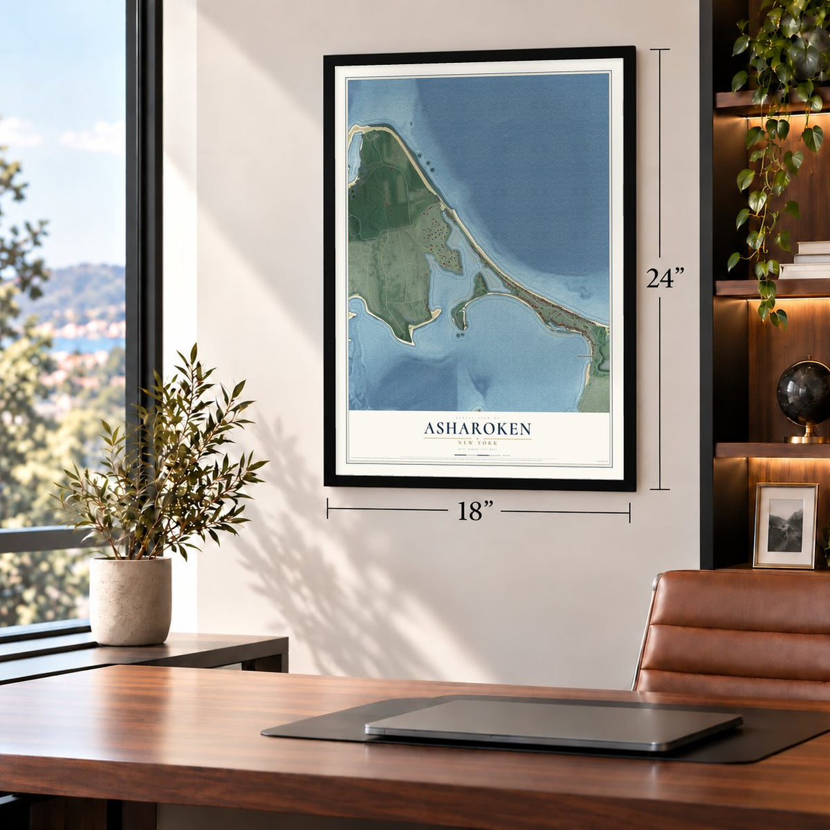 Asharoken, New York map, 18 x 24 inch print in a black frame in a home office