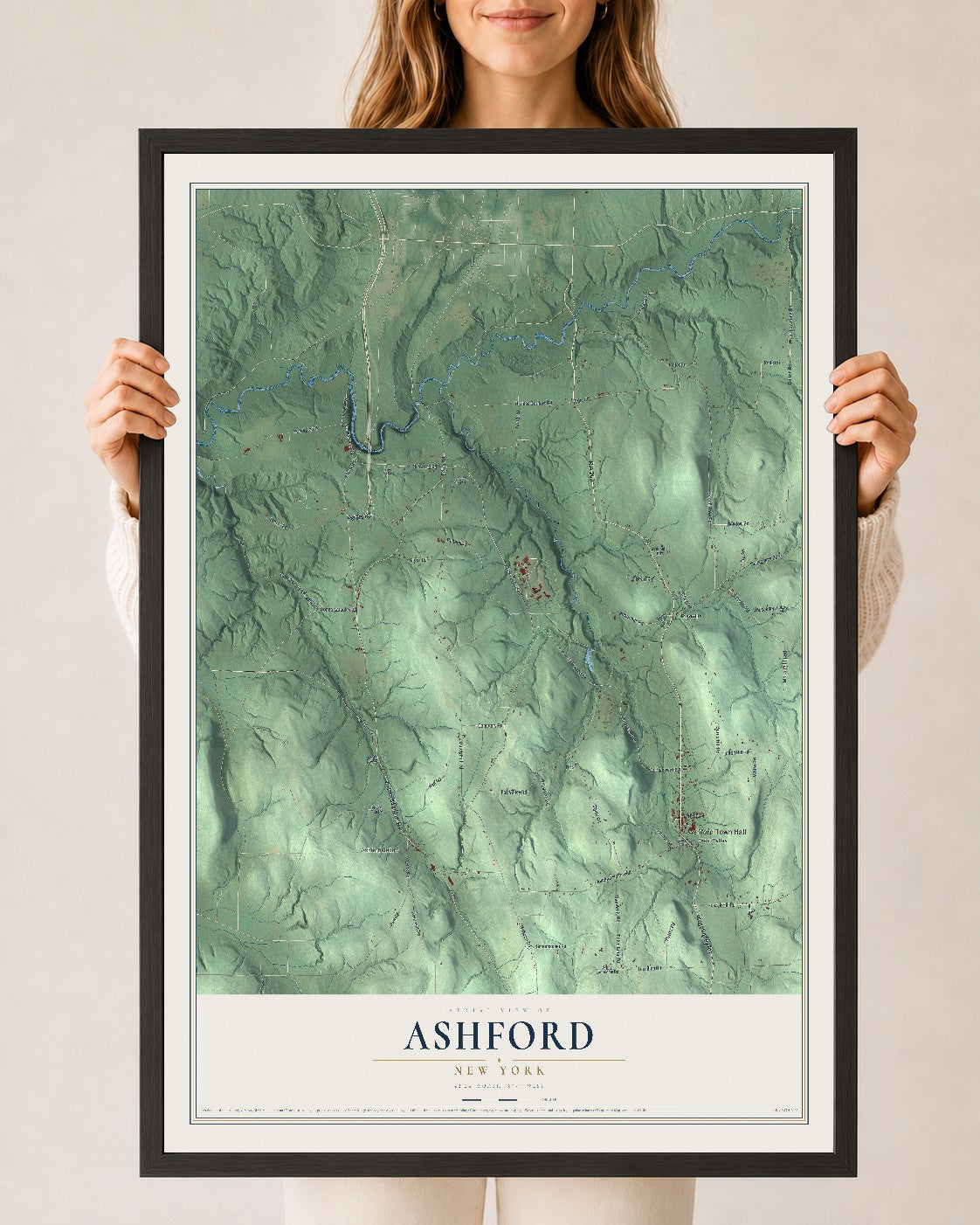 Ashford, New York map print, 24" x 36" W/ Black Ayous Wood Frame mockup