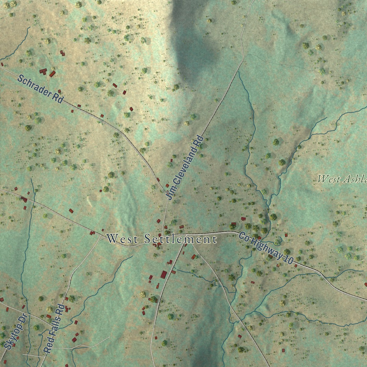 Close-up of the map of Ashland, New York print showing street and building detail