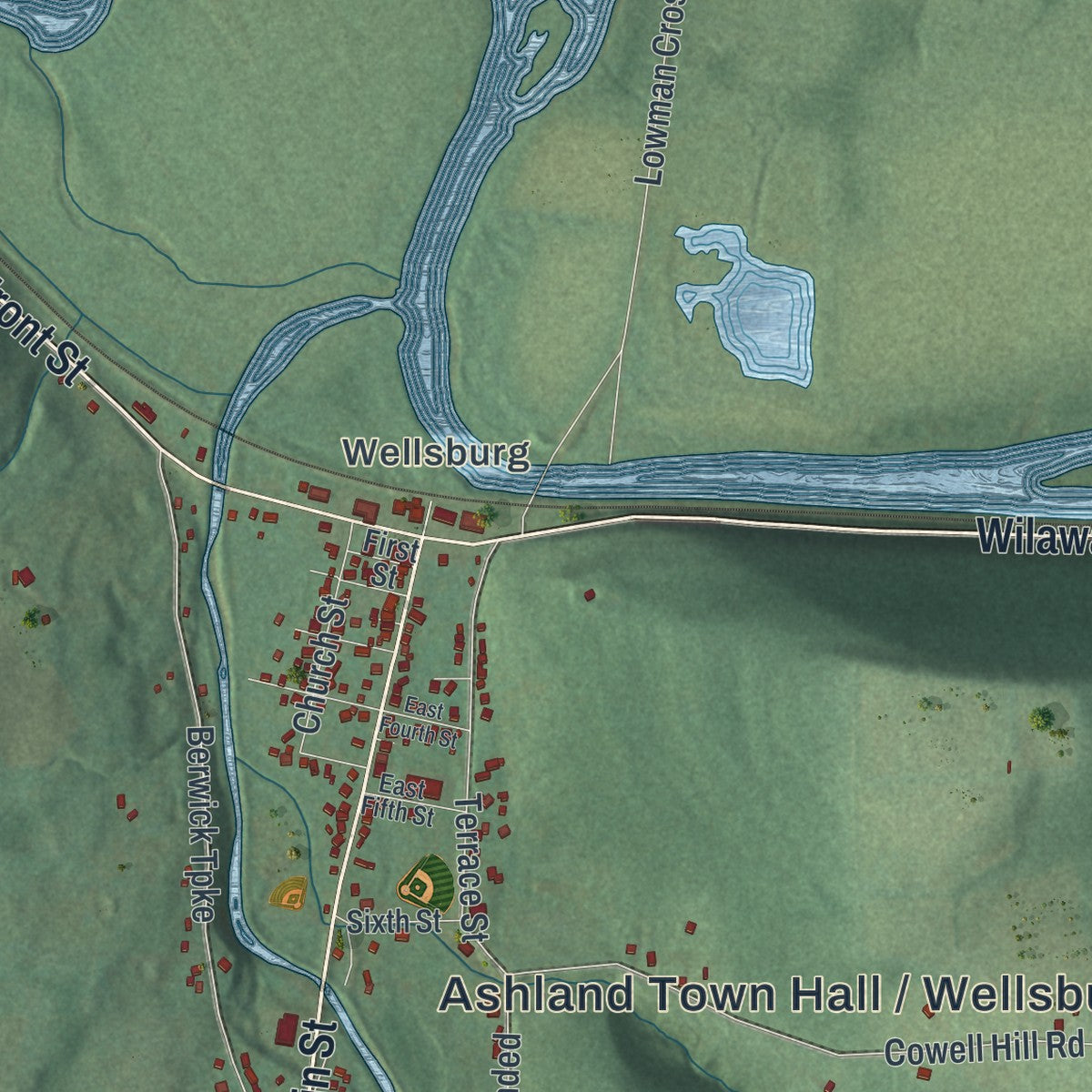 Close-up of the map of Ashland, Chemung County, New York print showing street and building detail