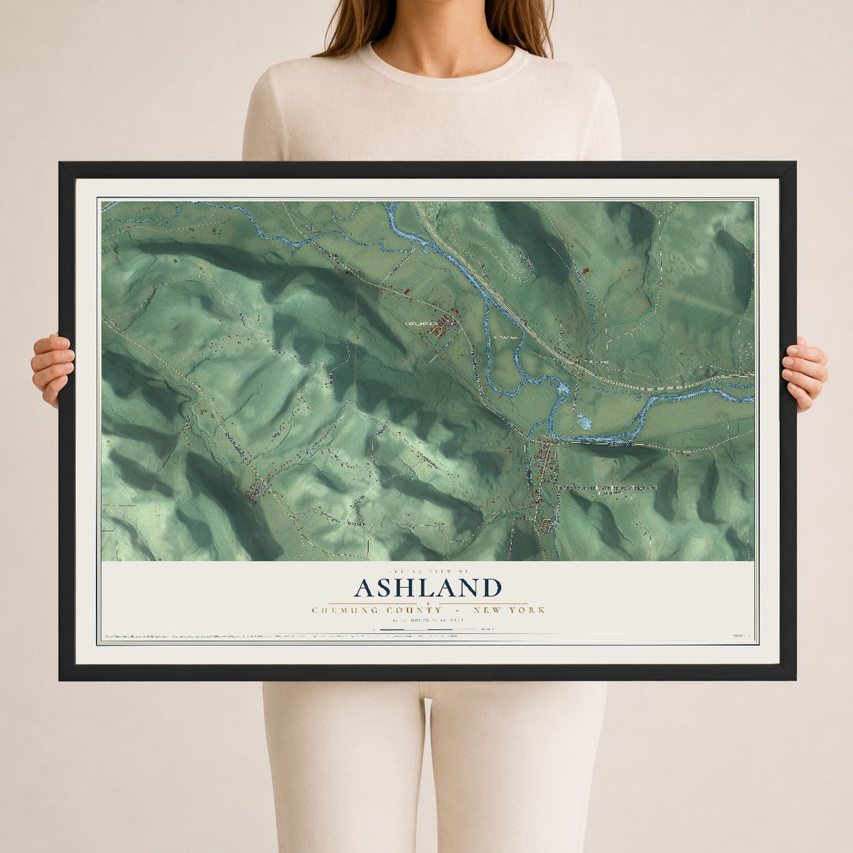 Map of Ashland, Chemung County, New York, 24 x 36 inch print in a black wood frame