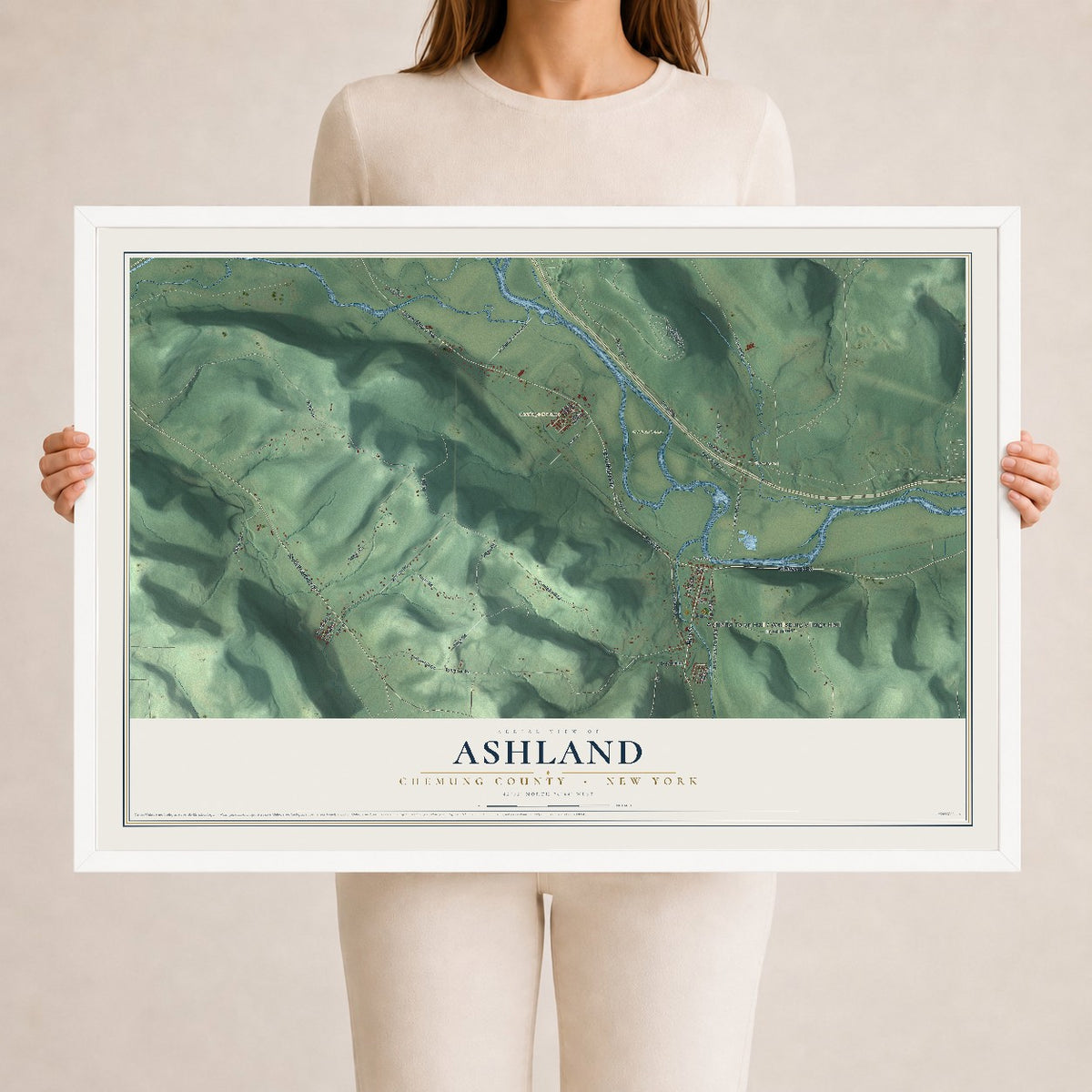 Map of Ashland, Chemung County, New York, 24 x 36 inch print in a white wood frame