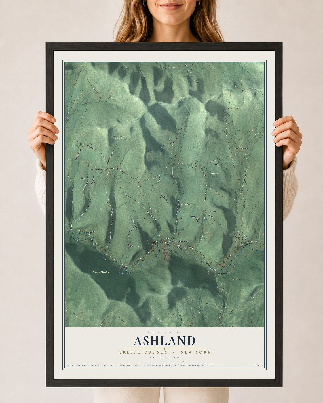 Map of Ashland, Greene County, New York, 24 x 36 inch print in a black wood frame