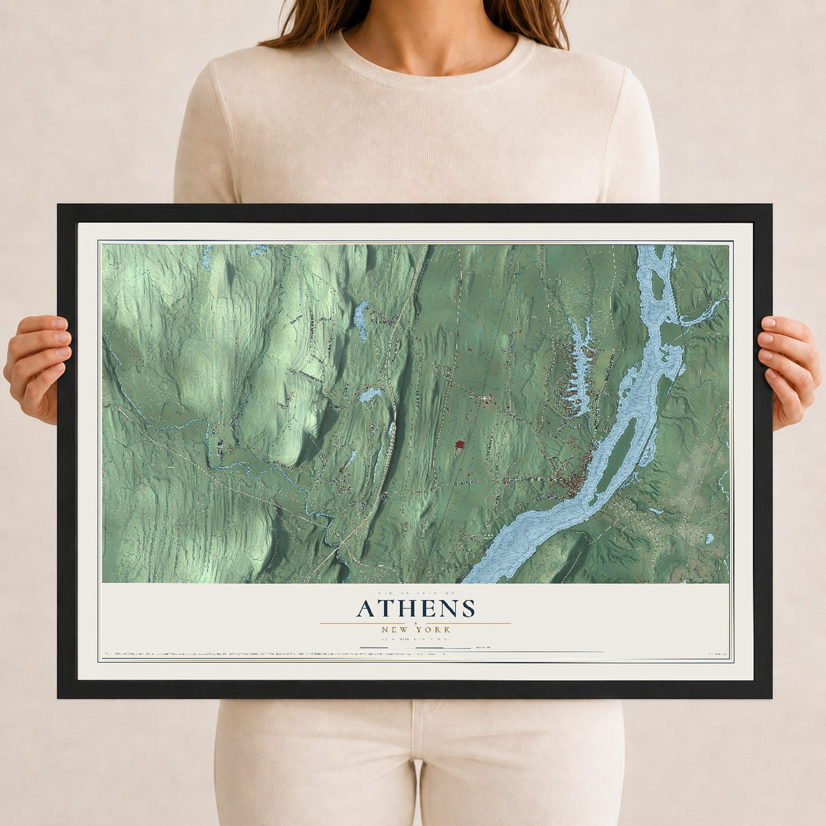 Athens, New York map print, 12" x 18" W/ Black Ayous Wood Frame mockup