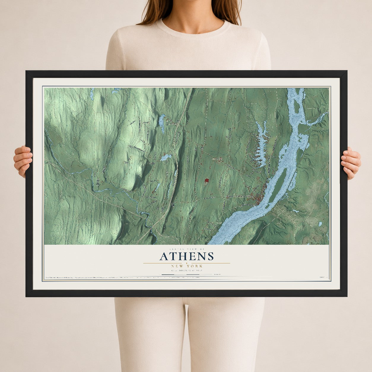 Athens, New York map print, 24" x 36" W/ Black Ayous Wood Frame mockup