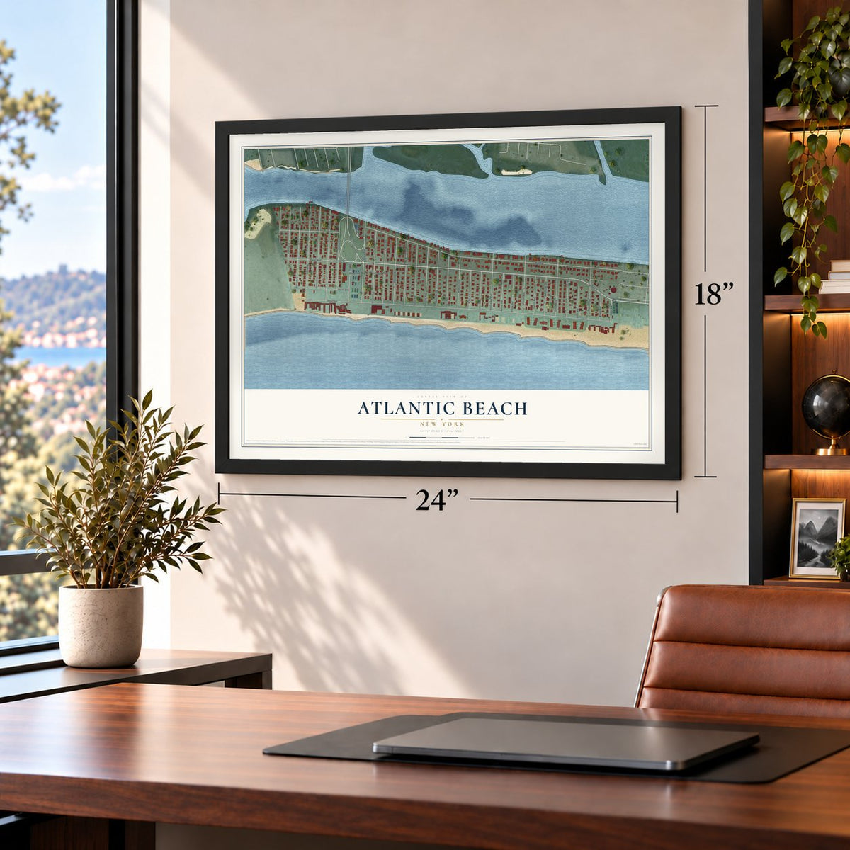 Atlantic Beach, New York map, 18 x 24 inch print in a black frame in a home office