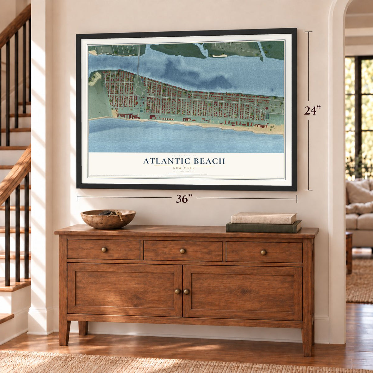 Atlantic Beach, New York map, 24 x 36 inch print in a black frame above a dresser by a staircase