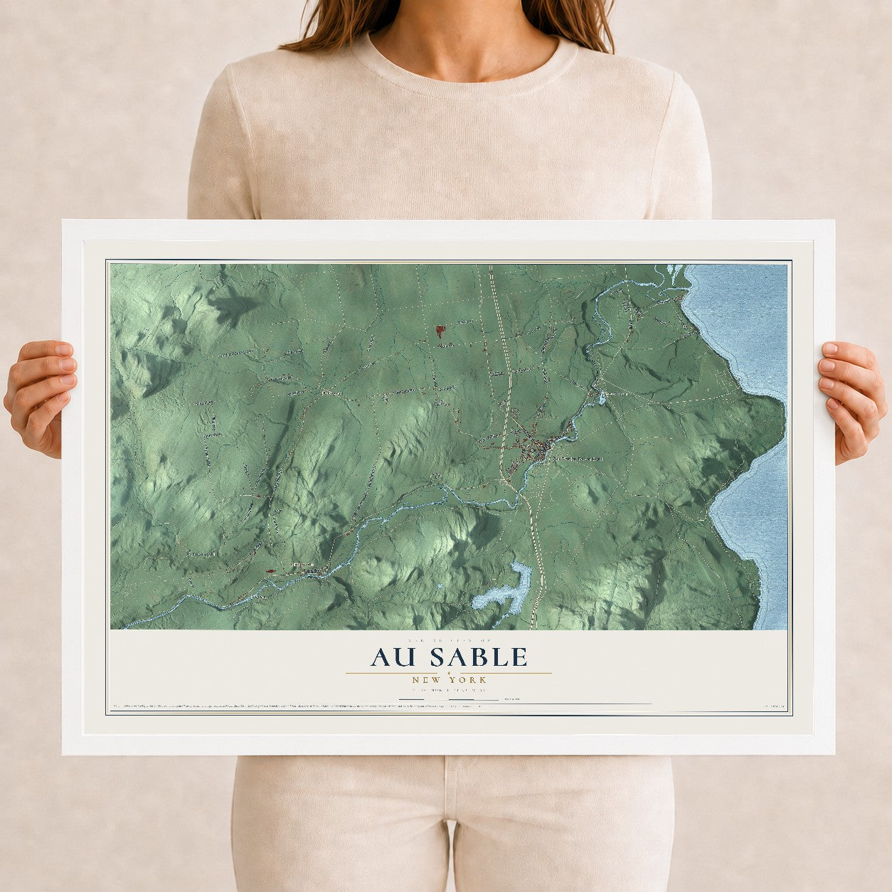 Au Sable, New York map print, 12" x 18" W/ White Ayous Wood Frame mockup