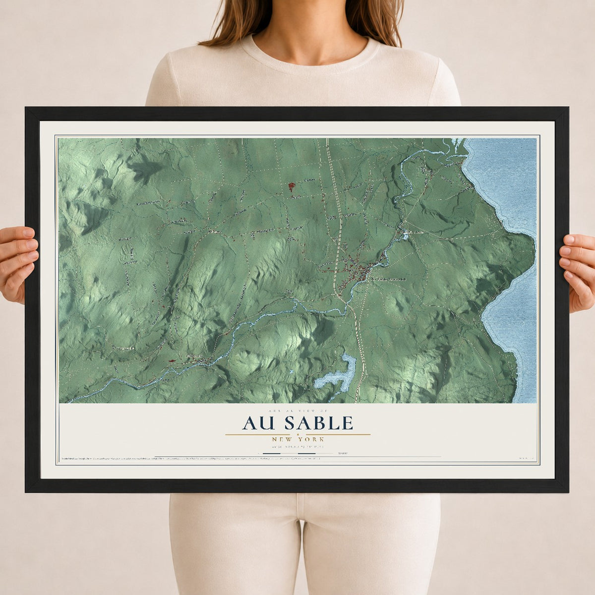 Au Sable, New York map print, 18" x 24" W/ Black Ayous Wood Frame mockup
