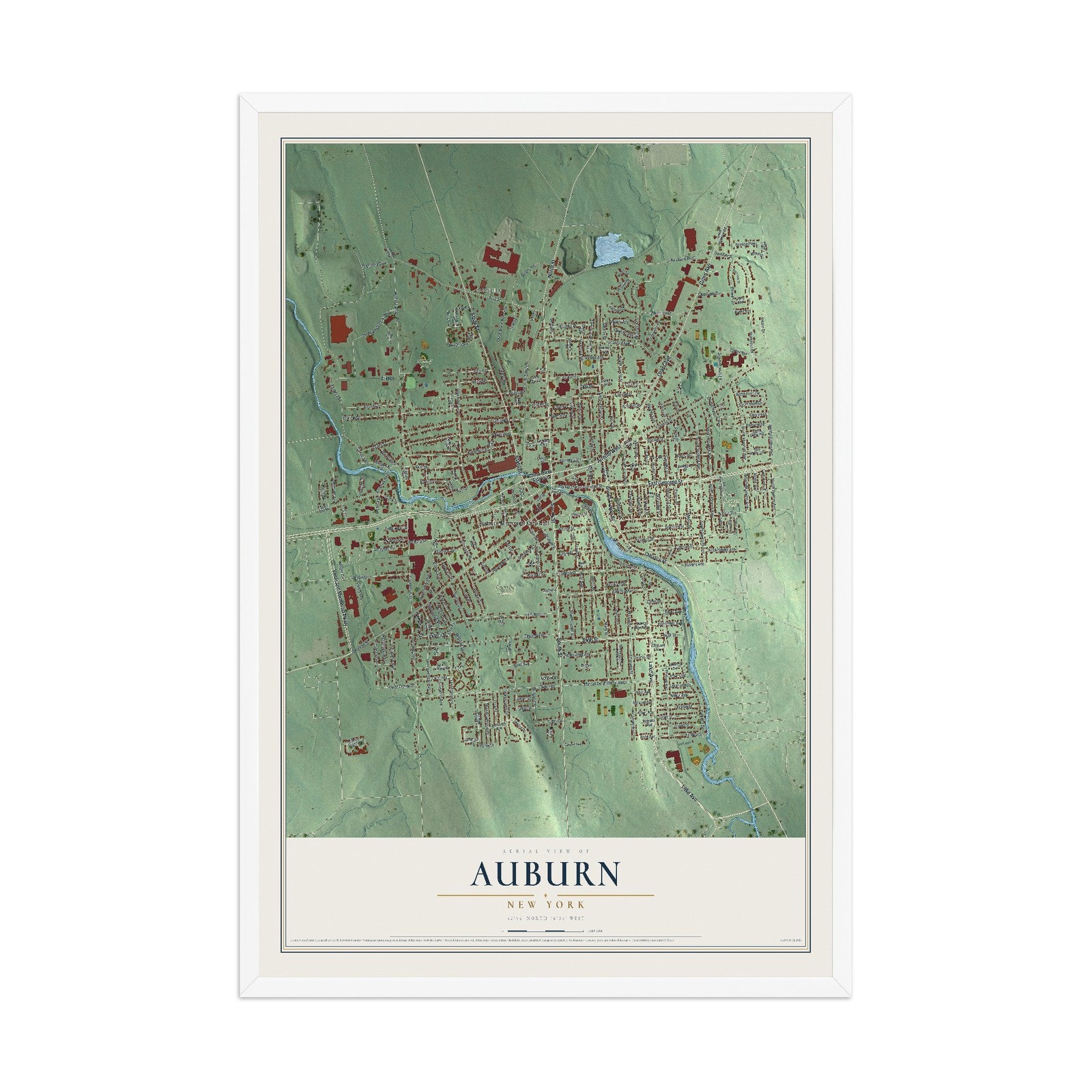 Auburn, New York map print, 12" x 18" W/ White Ayous Wood Frame mockup