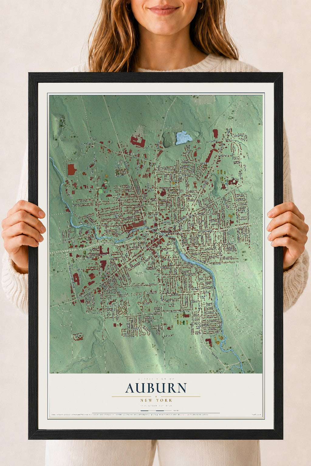Auburn, New York map print, 18" x 24" W/ Black Ayous Wood Frame mockup