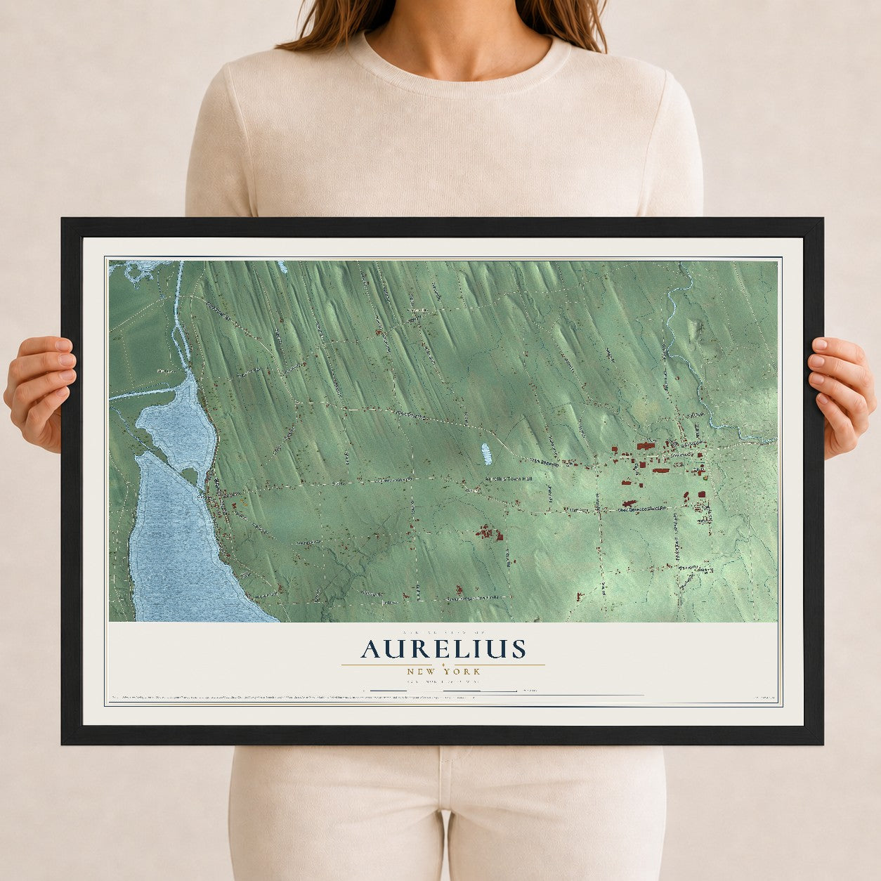 Aurelius, New York map print, 12" x 18" W/ Black Ayous Wood Frame mockup