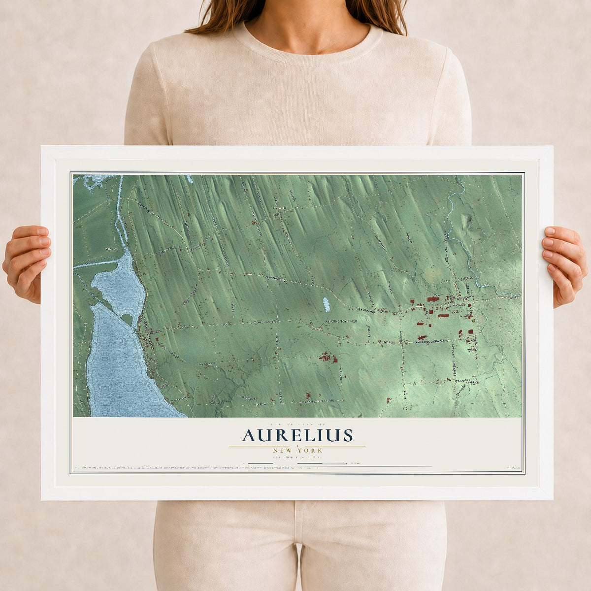 Aurelius, New York map print, 12" x 18" W/ White Ayous Wood Frame mockup