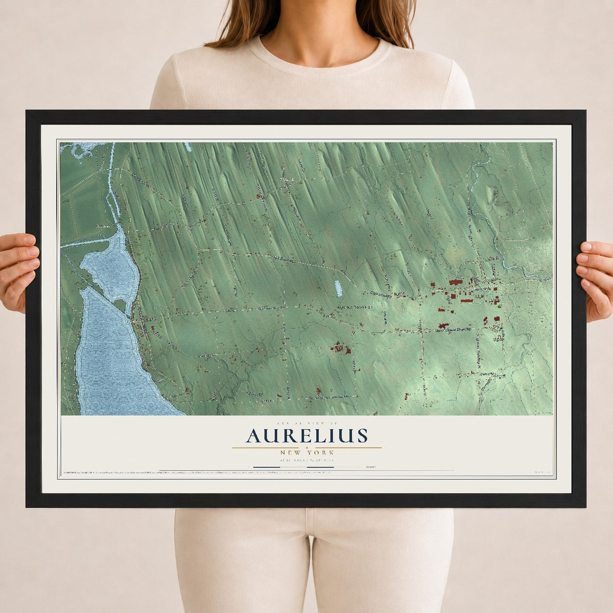 Aurelius, New York map print, 18" x 24" W/ Black Ayous Wood Frame mockup