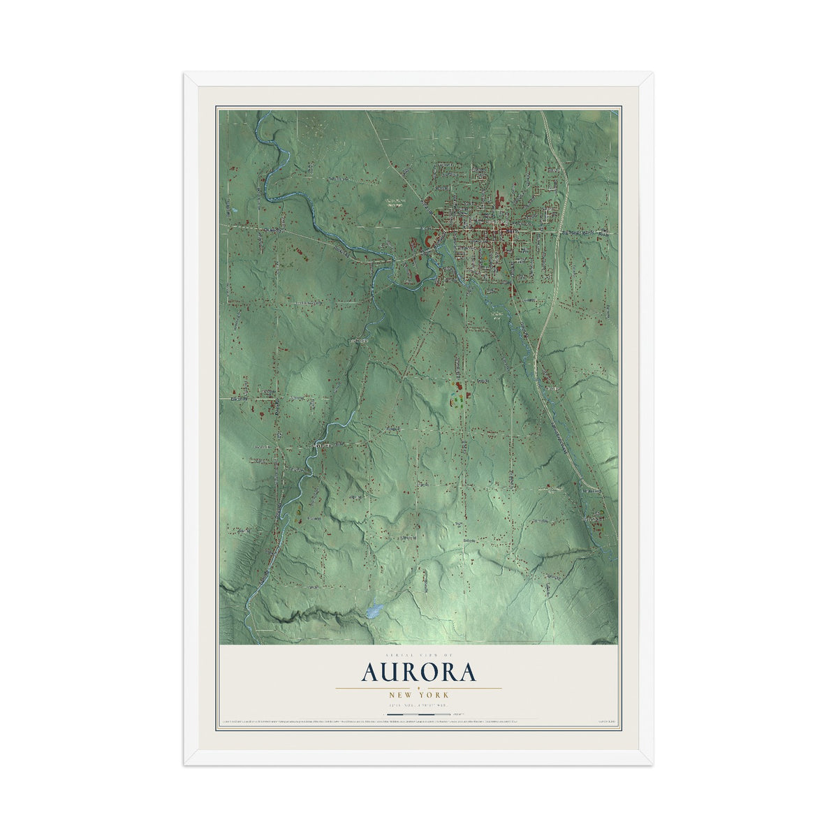 Aurora, New York map print, 12" x 18" W/ White Ayous Wood Frame mockup