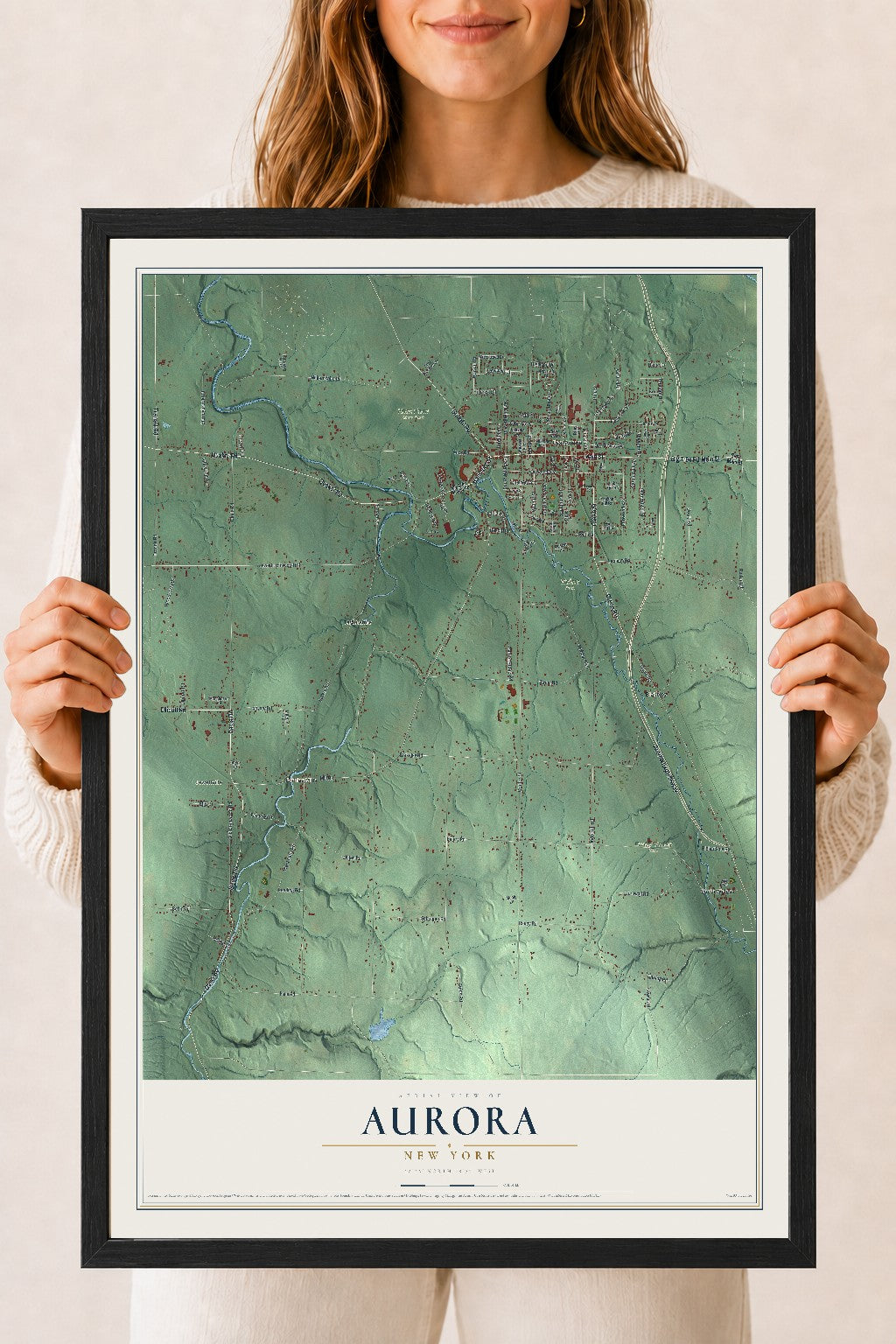 Aurora, New York map print, 18" x 24" W/ Black Ayous Wood Frame mockup