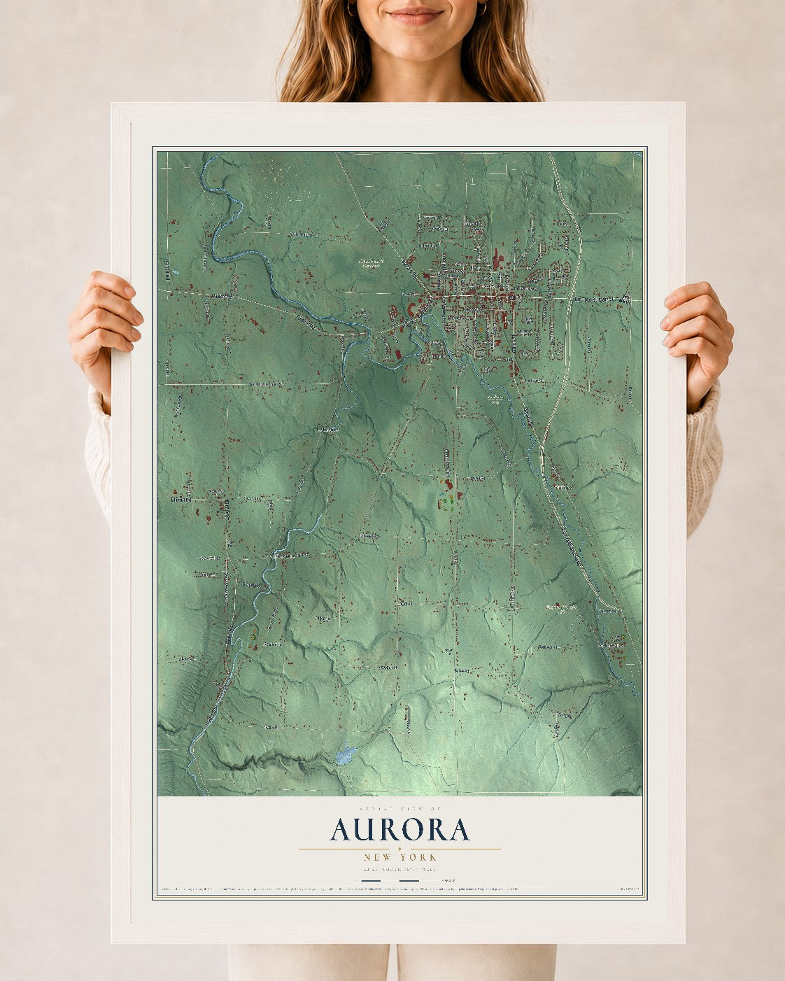 Aurora, New York map print, 24" x 36" W/ White Ayous Wood Frame mockup