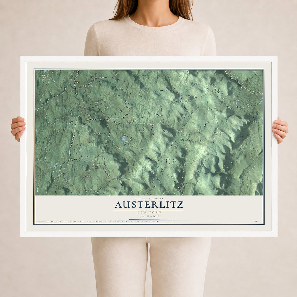 Austerlitz, New York map print, 24" x 36" W/ White Ayous Wood Frame mockup