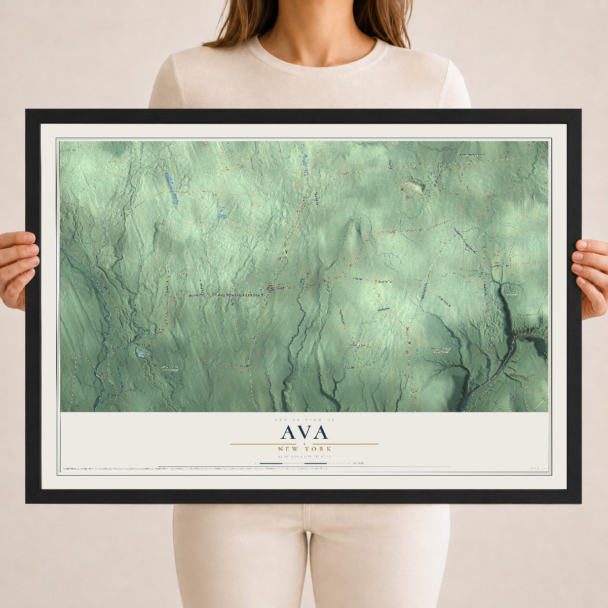 Ava, New York map print, 18" x 24" W/ Black Ayous Wood Frame mockup