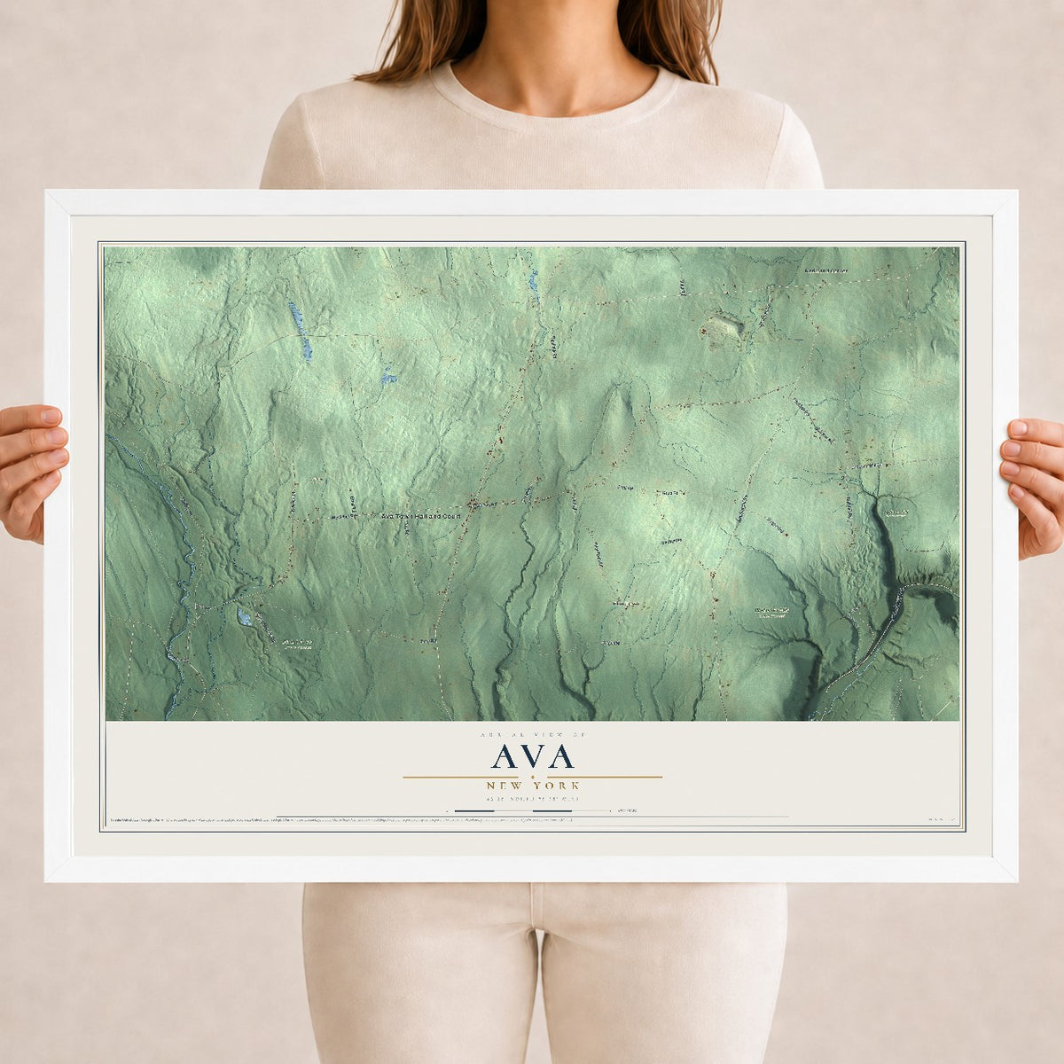Ava, New York map print, 18" x 24" W/ White Ayous Wood Frame mockup