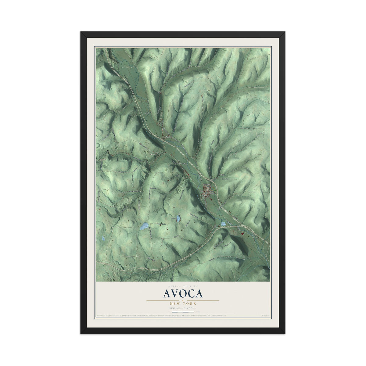 Avoca, New York map print, 12" x 18" W/ Black Ayous Wood Frame mockup