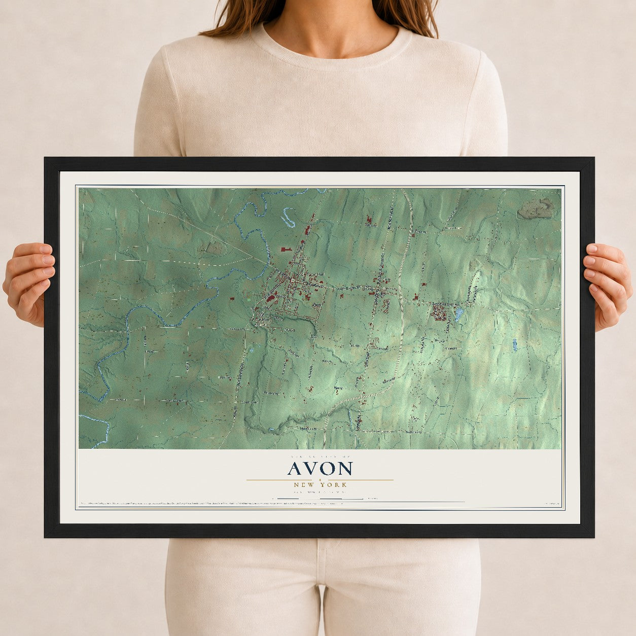 Avon, New York map print, 12" x 18" W/ Black Ayous Wood Frame mockup
