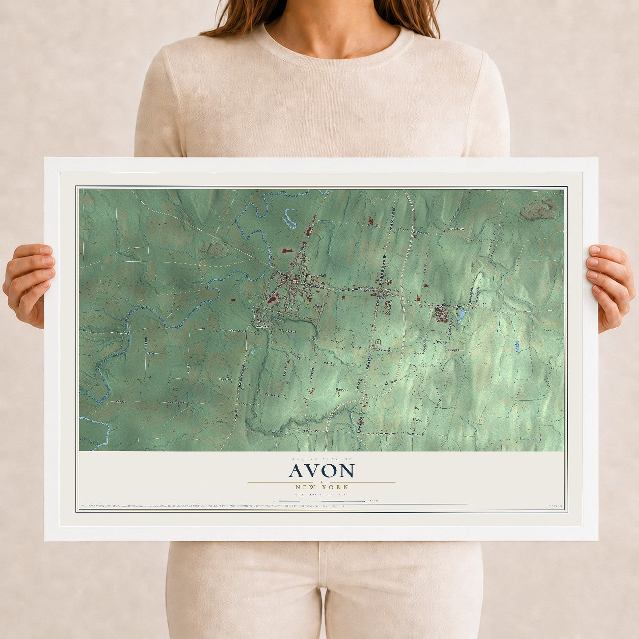 Avon, New York map print, 12" x 18" W/ White Ayous Wood Frame mockup
