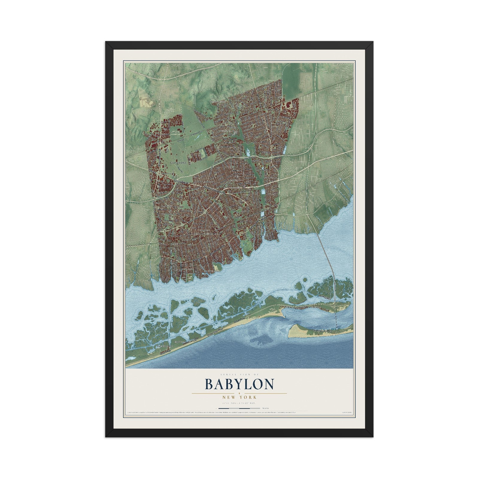 Babylon, New York map print, 12" x 18" W/ Black Ayous Wood Frame mockup