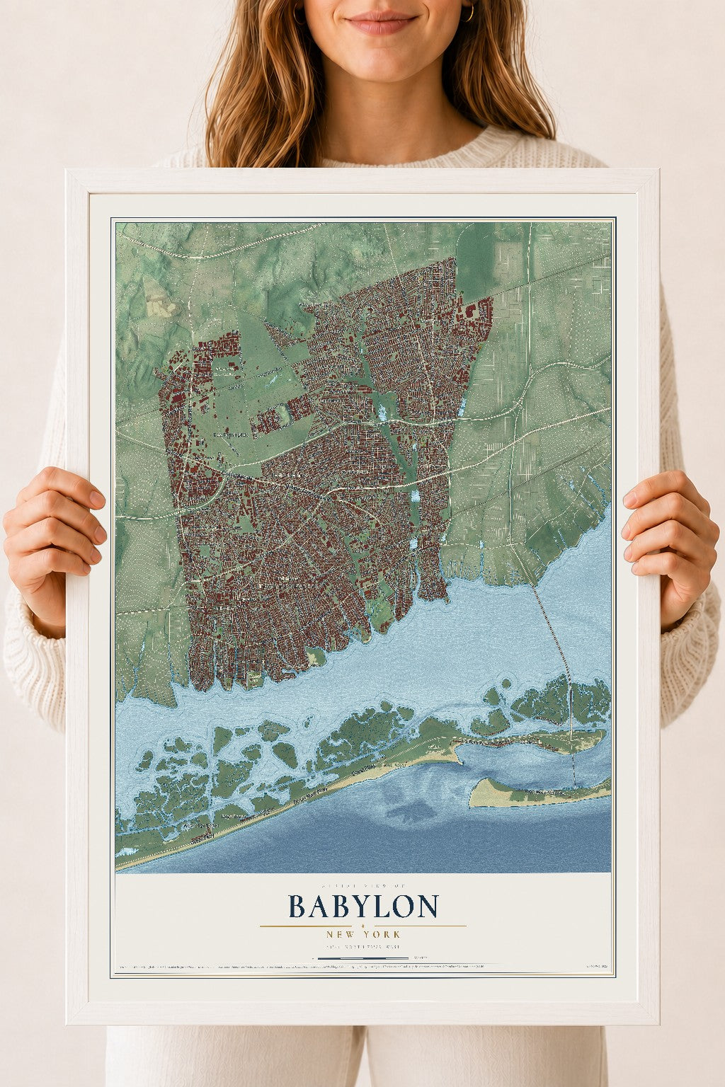 Babylon, New York map print, 18" x 24" W/ White Ayous Wood Frame mockup