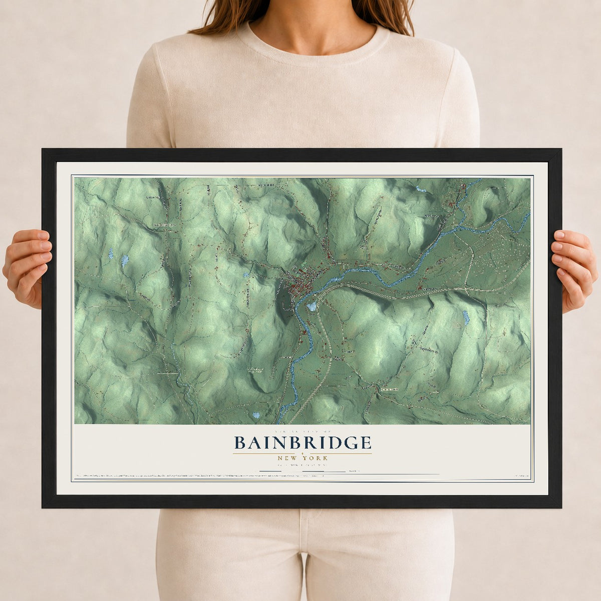 Bainbridge, New York map print, 12" x 18" W/ Black Ayous Wood Frame mockup