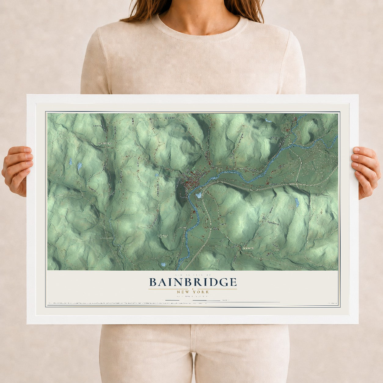 Bainbridge, New York map print, 12" x 18" W/ White Ayous Wood Frame mockup