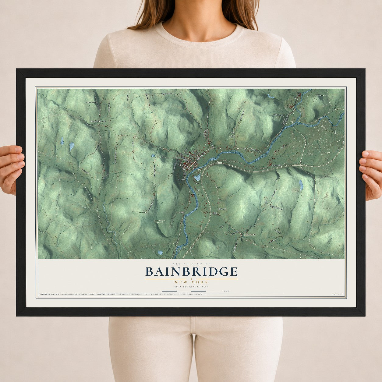 Bainbridge, New York map print, 18" x 24" W/ Black Ayous Wood Frame mockup