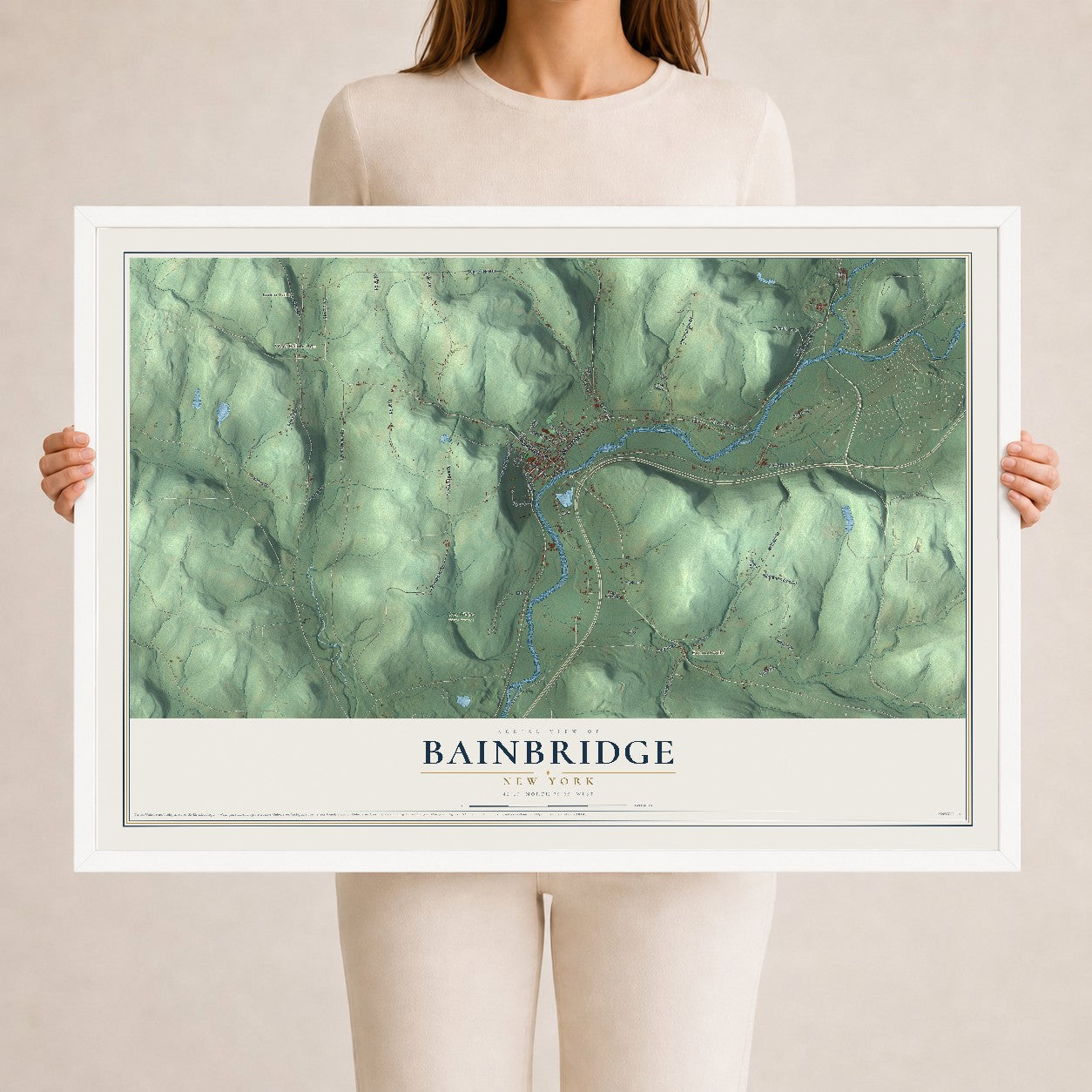 Bainbridge, New York map print, 24" x 36" W/ White Ayous Wood Frame mockup