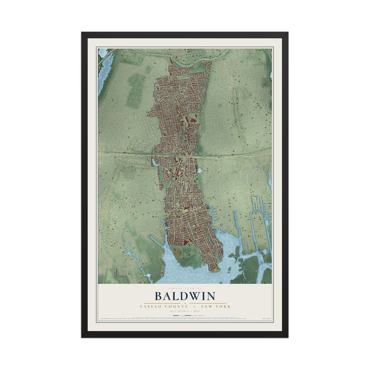 Baldwin, New York map print, 12" x 18" W/ Black Ayous Wood Frame mockup