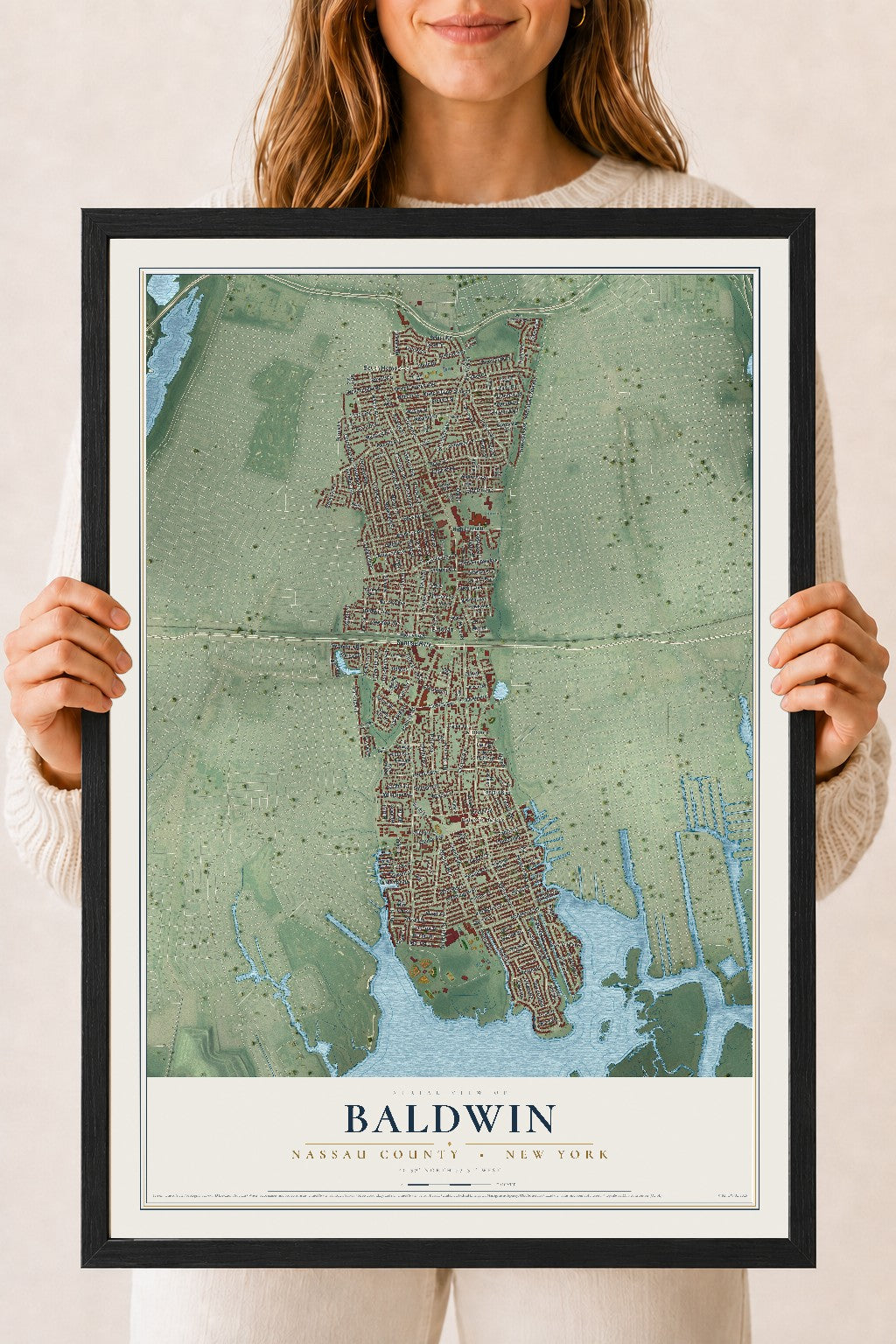 Baldwin, New York map print, 18" x 24" W/ Black Ayous Wood Frame mockup