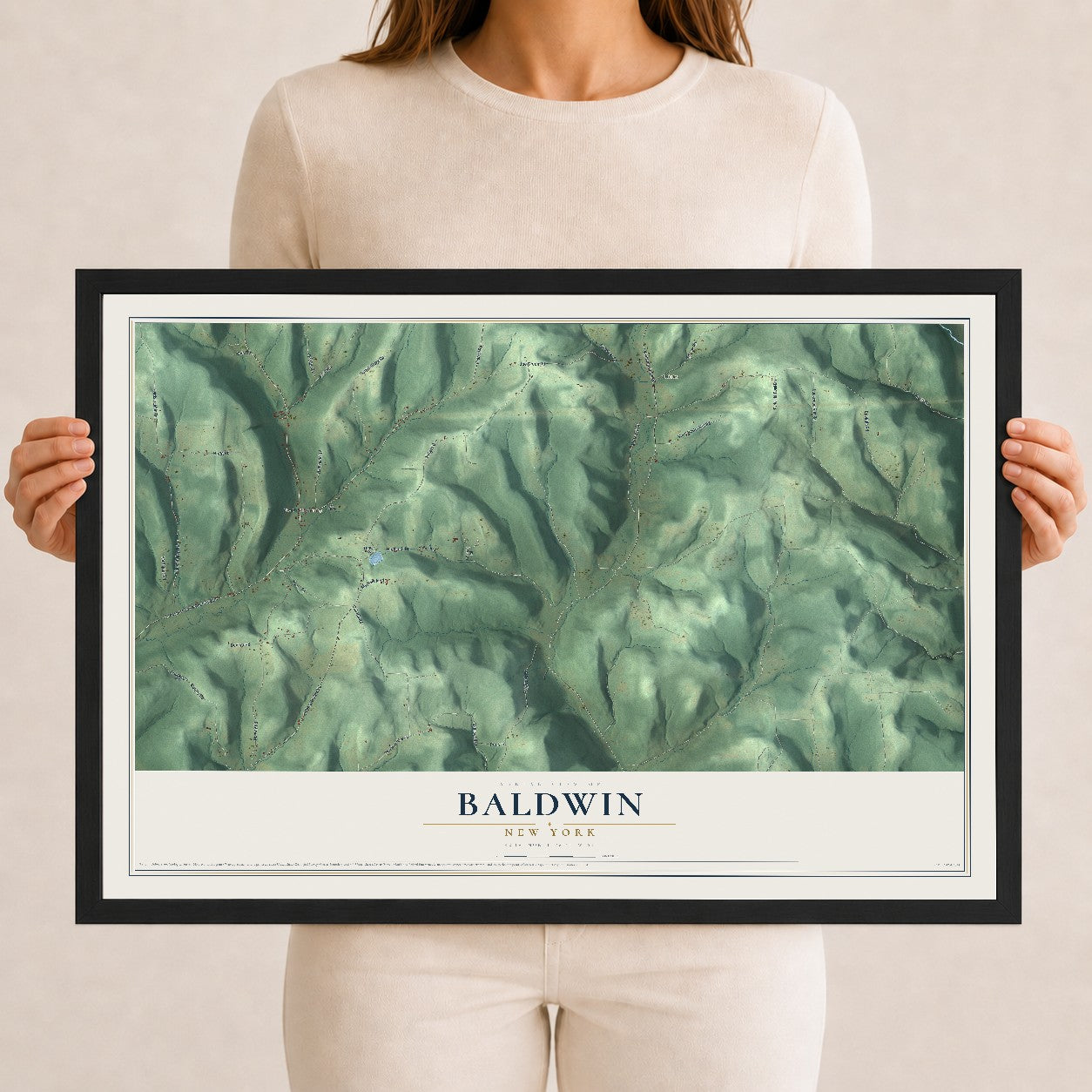 Baldwin, New York map print, 12" x 18" W/ Black Ayous Wood Frame mockup