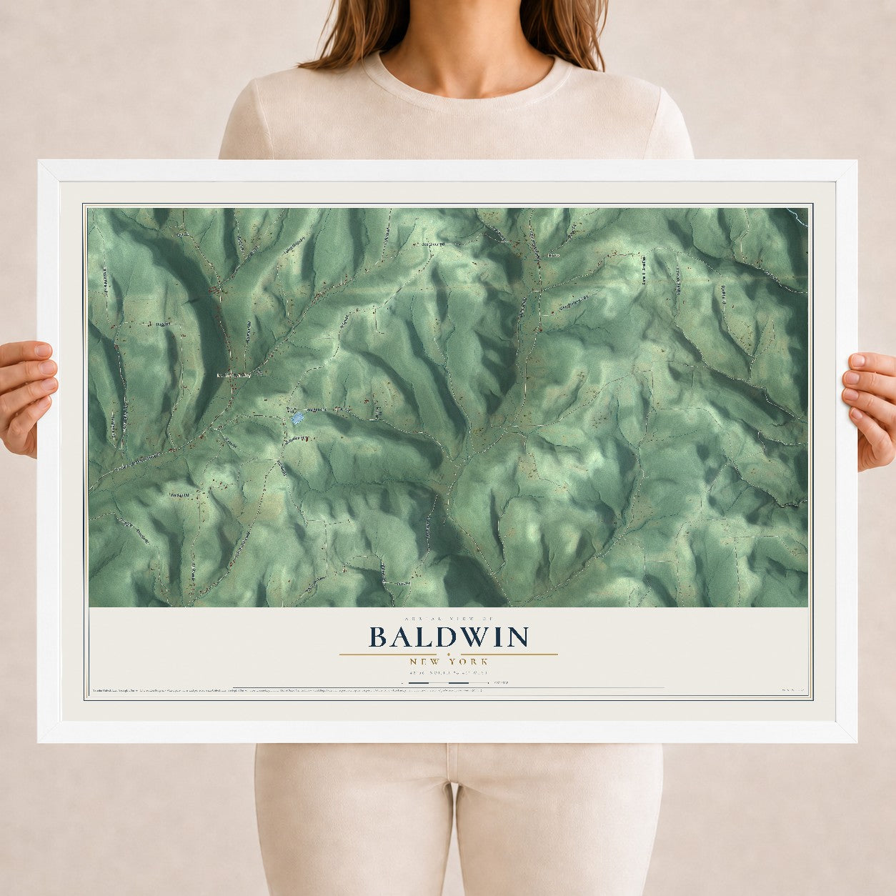 Baldwin, New York map print, 18" x 24" W/ White Ayous Wood Frame mockup