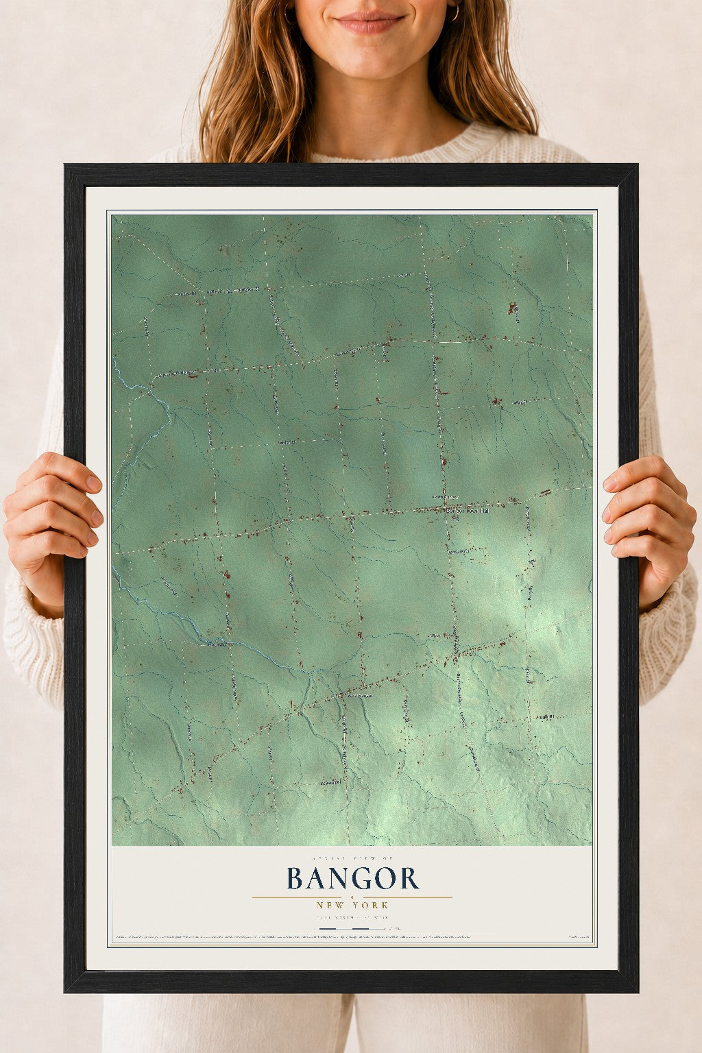 Bangor, New York map print, 18" x 24" W/ Black Ayous Wood Frame mockup
