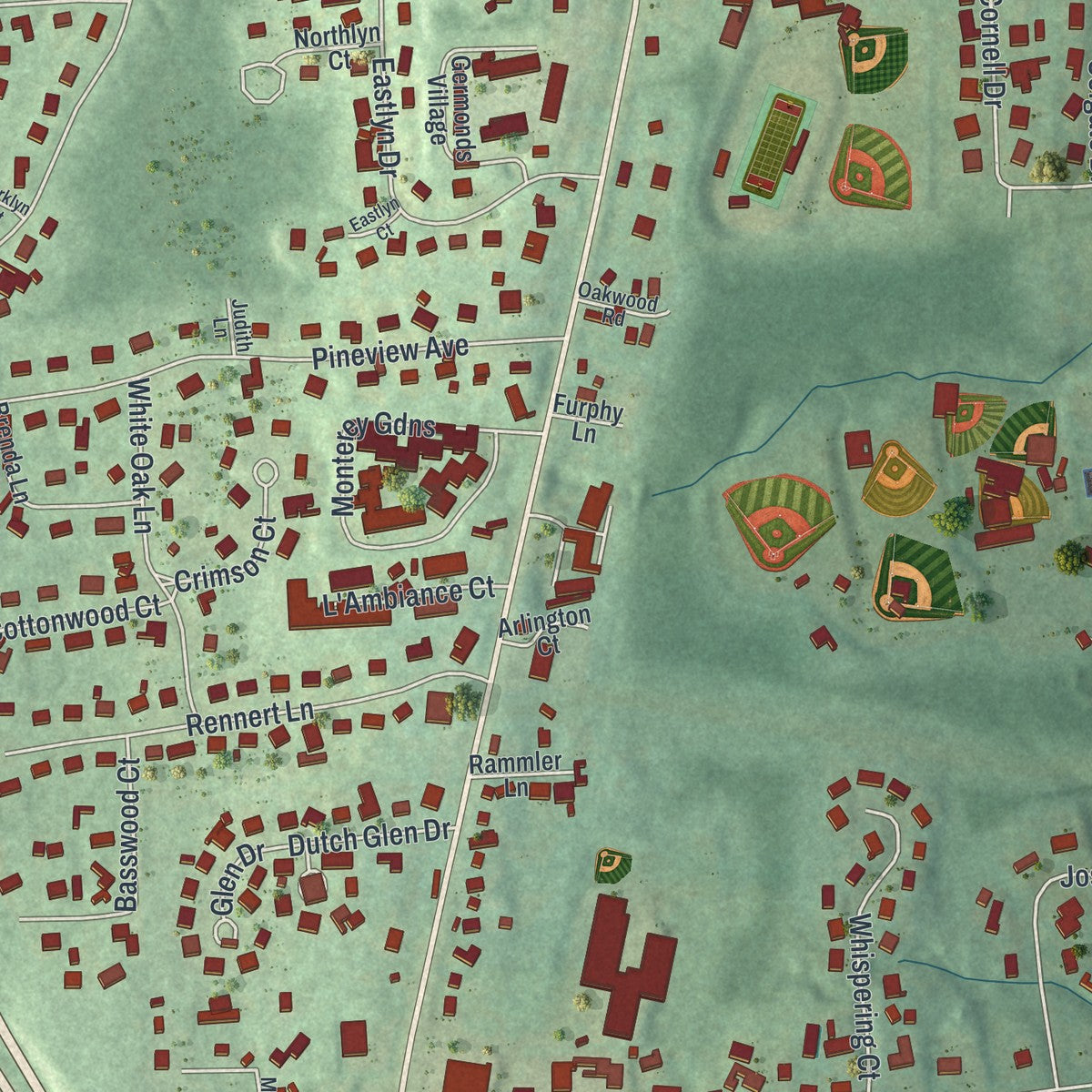 Close-up of the map of Bardonia, New York print showing street and building detail