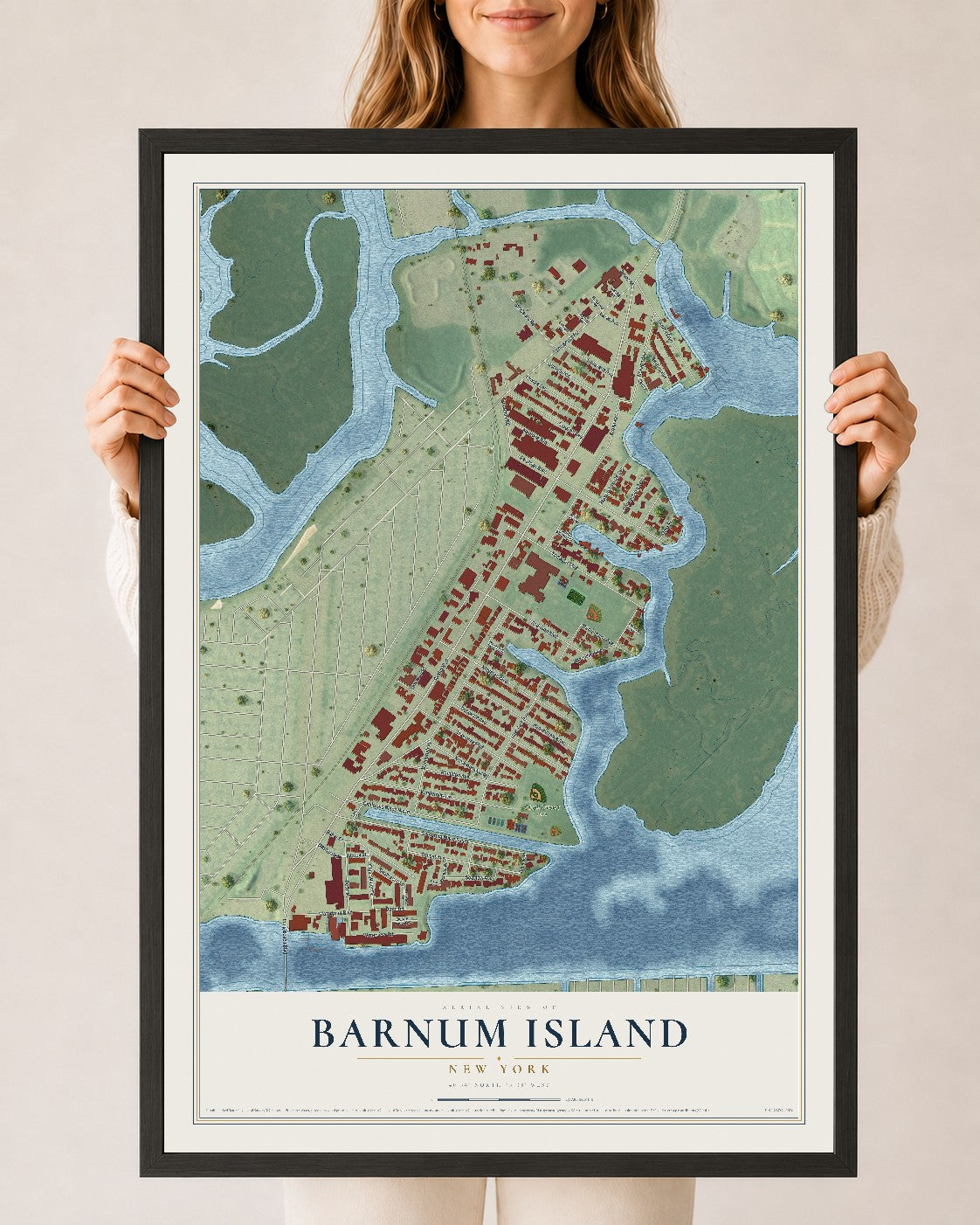 Barnum Island, New York map print, 24" x 36" W/ Black Ayous Wood Frame mockup
