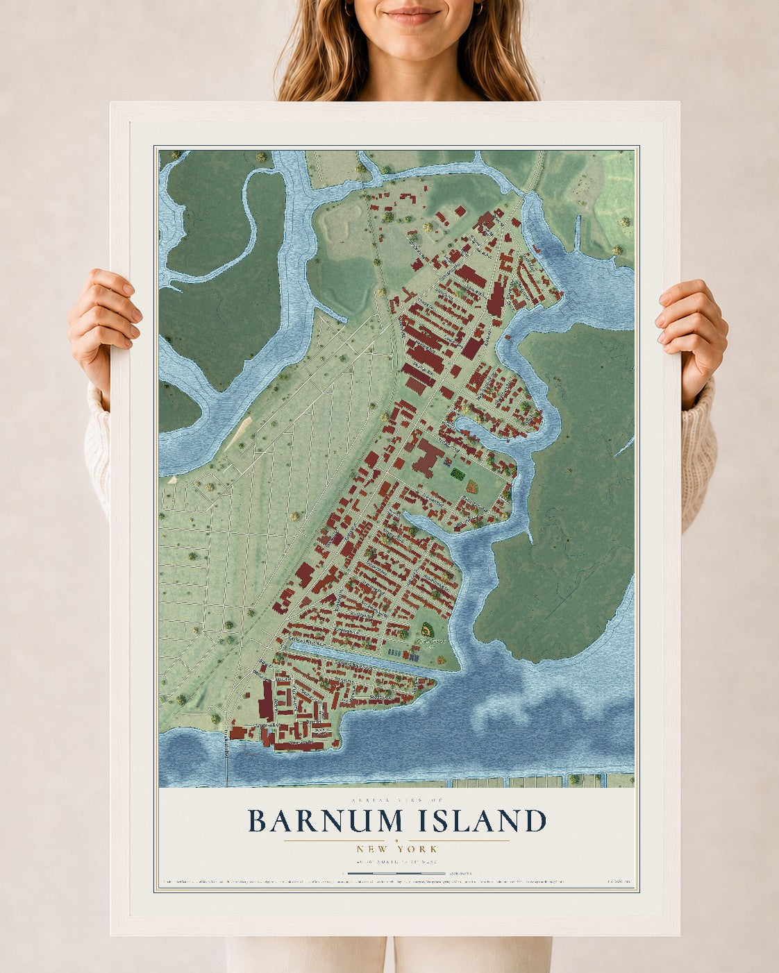 Barnum Island, New York map print, 24" x 36" W/ White Ayous Wood Frame mockup