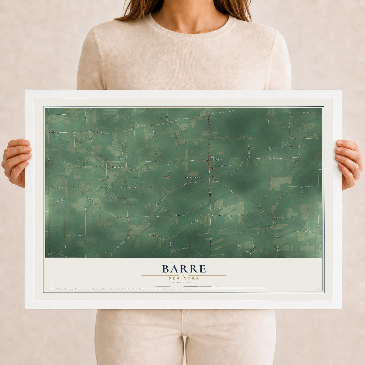Barre, New York map print, 12" x 18" W/ White Ayous Wood Frame mockup