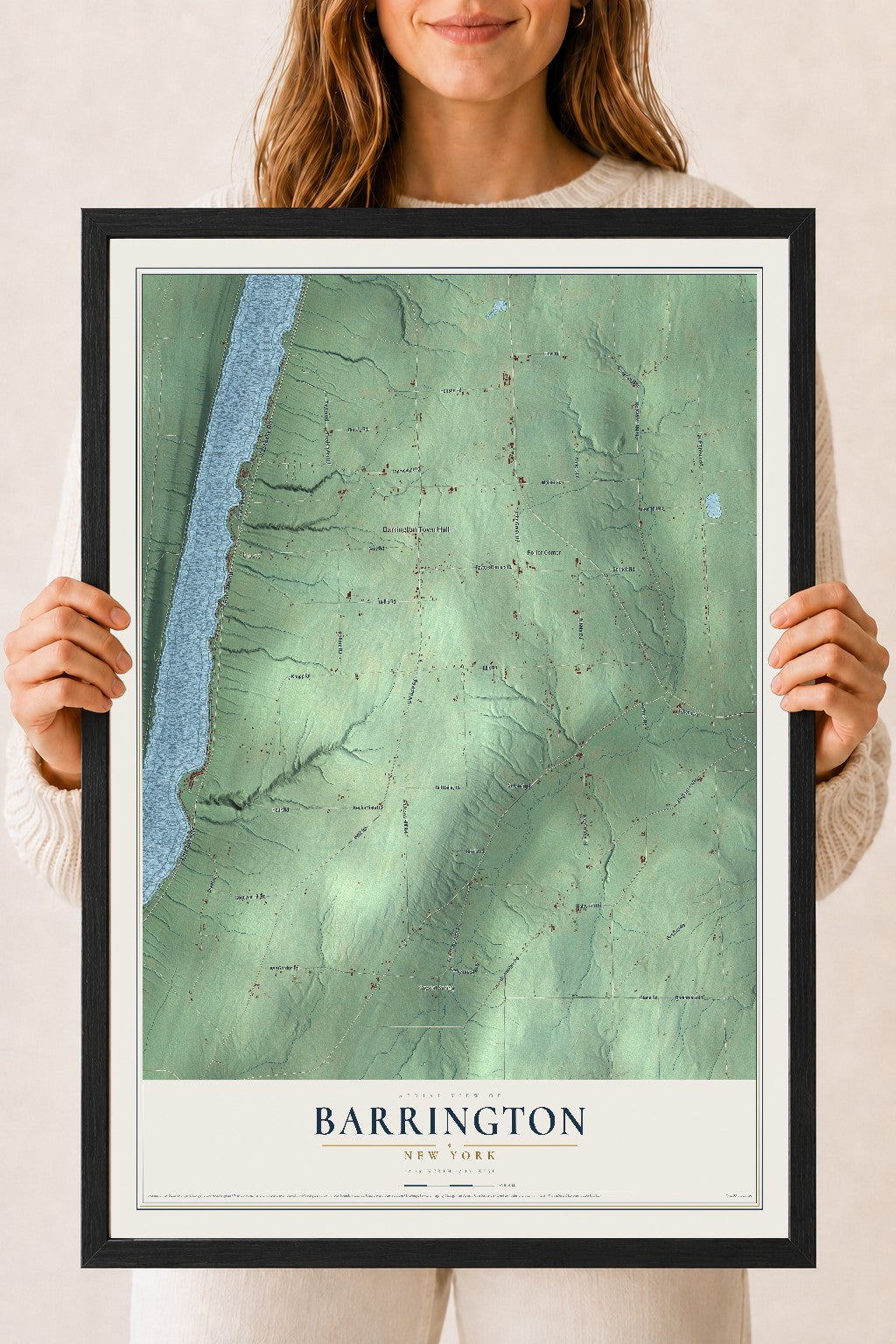 Barrington, New York map print, 18" x 24" W/ Black Ayous Wood Frame mockup