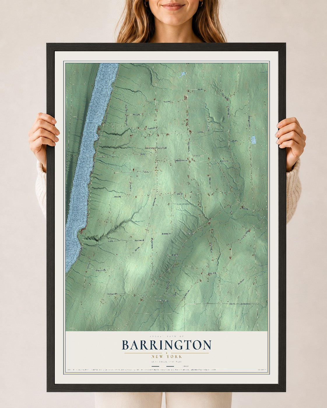 Barrington, New York map print, 24" x 36" W/ Black Ayous Wood Frame mockup