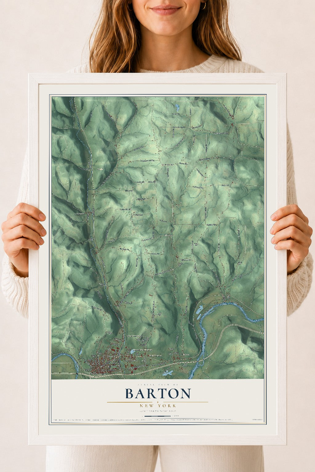 Barton, New York map print, 18" x 24" W/ White Ayous Wood Frame mockup