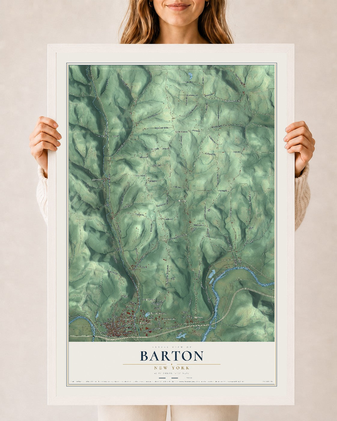 Barton, New York map print, 24" x 36" W/ White Ayous Wood Frame mockup