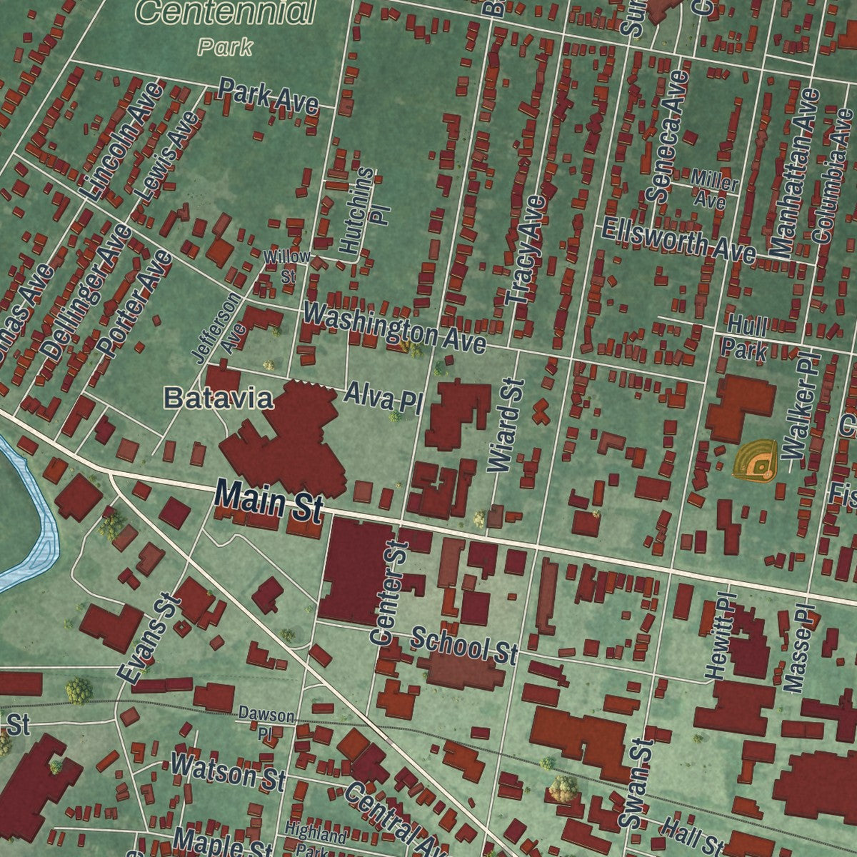 Close-up 1 of the Batavia City (Genesee County), New York map artwork