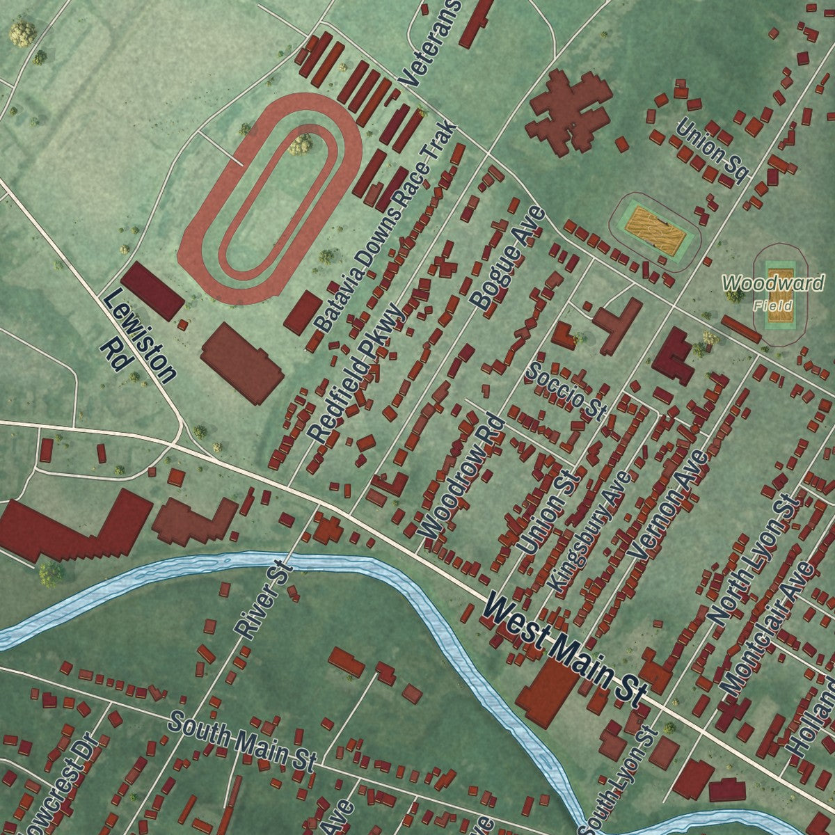 Second close-up of the map of the City of Batavia, Genesee County, New York print showing more streets and buildings